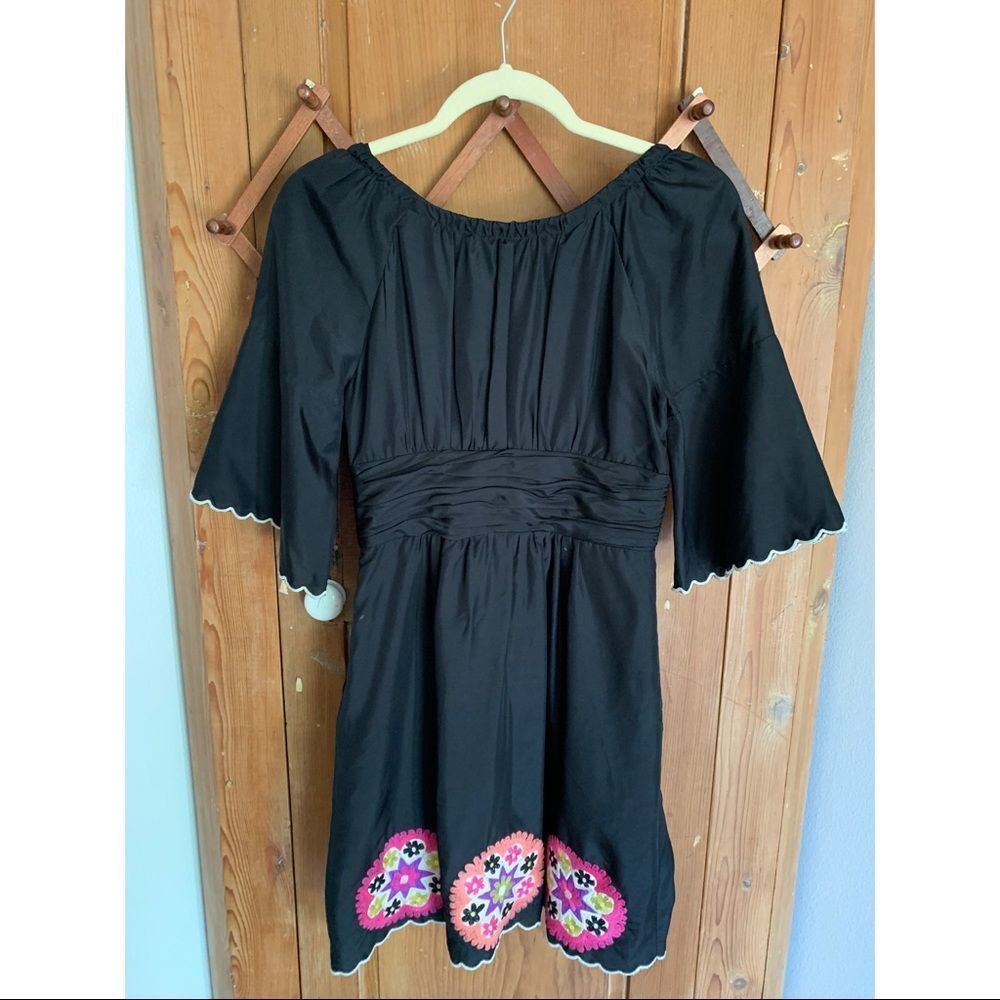Phoebe Couture Anthro black silk embroidered dress